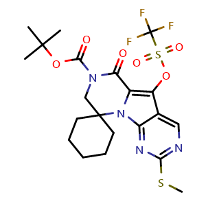 Chemical structure of tert-Butyl 2'-(methylthio)-6'-oxo-5'-(((trifluoromethyl)sulfonyl)oxy)-6'H-spiro[cyclohexane-1,9'-pyrazino[1',2':1,5]pyrrolo[2,3-d]pyrimidine]-7'(8'H)-carboxylate , CAS 2170746-98-0, AChemBlock W158940