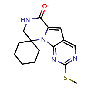 Chemical structure of 2'-(Methylthio)-7',8'-dihydro-6'H-spiro[cyclohexane-1,9'-pyrazino[1',2':1,5]pyrrolo[2,3-d]pyrimidin]-6'-one , CAS 2170747-00-7, AChemBlock W158941