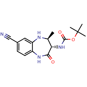 Chemical structure of tert-Butyl ((3S,4S)-7-cyano-4-methyl-2-oxo-2,3,4,5-tetrahydro-1H-benzo[b][1,4]diazepin-3-yl)carbamate , CAS 1466558-30-4, AChemBlock W158978