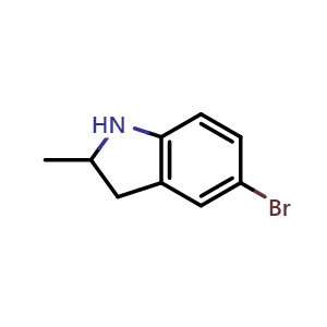 Chemical structure of 5-Bromo-2-methyl-2,3-dihydro-1H-indole , CAS 99847-70-8, AChemBlock W159017