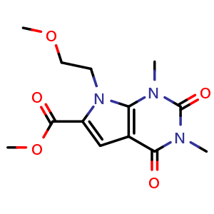 Chemical structure of Methyl 7-(2-methoxyethyl)-1,3-dimethyl-2,4-dioxo-2,3,4,7-tetrahydro-1H-pyrrolo[2,3-d]pyrimidine-6-carboxylate , CAS 1086386-34-6, AChemBlock W159111