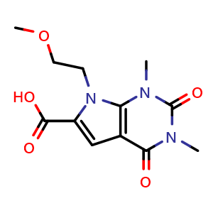 Chemical structure of 7-(2-Methoxyethyl)-1,3-dimethyl-2,4-dioxo-2,3,4,7-tetrahydro-1H-pyrrolo[2,3-d]pyrimidine-6-carboxylic acid , CAS 1018501-32-0, AChemBlock W159121
