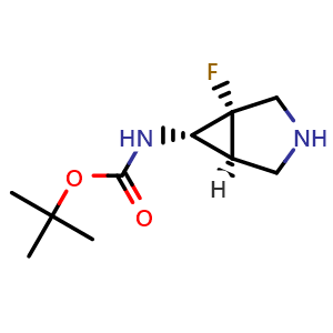 Chemical structure of tert-Butyl ((1S,5S,6S)-1-fluoro-3-azabicyclo[3 1 0]hexan-6-yl)carbamate , CAS 2165528-01-6, AChemBlock W159138