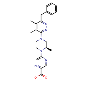 Chemical structure of (R)-Methyl 5-(4-(6-benzyl-4,5-dimethylpyridazin-3-yl)-2-methylpiperazin-1-yl)pyrazine-2-carboxylate , CAS 1204975-11-0, AChemBlock W159160