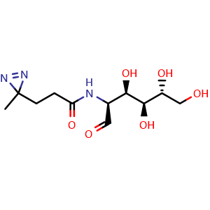 Chemical structure of 3-(3-Methyl-3H-diazirin-3-yl)-N-((2S,3R,4S,5R)-3,4,5,6-tetrahydroxy-1-oxohexan-2-yl)propanamide , CAS 1015698-41-5, AChemBlock W159180