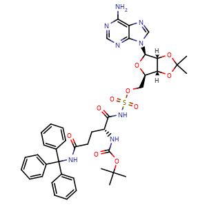 Chemical structure of ((3aR,4R,6R,6aR)-6-(6-Amino-9H-purin-9-yl)-2,2-dimethyltetrahydrofuro[3,4-d][1,3]dioxol-4-yl)methyl ((R)-2-((tert-butoxycarbonyl)amino)-5-oxo-5-(tritylamino)pentanoyl)sulfamate , CAS 2803370-00-3, AChemBlock W159191
