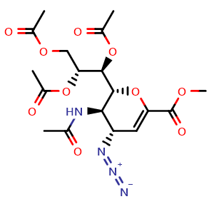 Chemical structure of (1S,2R)-1-((2R,3R,4S)-3-Acetamido-4-azido-6-(methoxycarbonyl)-3,4-dihydro-2H-pyran-2-yl)propane-1,2,3-triyl triacetate , CAS 130525-58-5, AChemBlock W159206