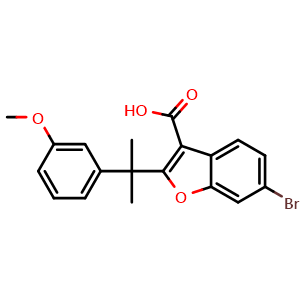 Chemical structure of 6-Bromo-2-(2-(3-methoxyphenyl)propan-2-yl)benzofuran-3-carboxylic acid , CAS 2095616-86-5, AChemBlock W159213