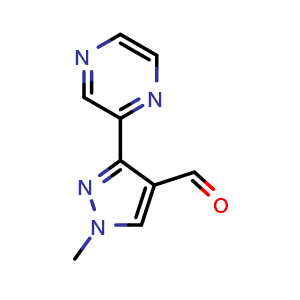 Chemical structure of 1-Methyl-3-(pyrazin-2-yl)-1H-pyrazole-4-carbaldehyde , CAS 1340455-25-5, AChemBlock W159248