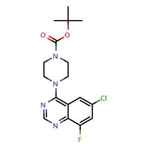 Chemical structure of tert-Butyl 4-(6-chloro-8-fluoroquinazolin-4-yl)piperazine-1-carboxylate , CAS 2101287-23-2, AChemBlock W159325