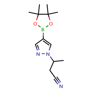 Chemical structure of 3-(4-(4,4,5,5-Tetramethyl-1,3,2-dioxaborolan-2-yl)-1H-pyrazol-1-yl)butanenitrile , CAS 1233526-43-6, AChemBlock W159355