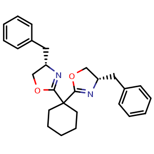 Chemical structure of (4S,4'S)-2,2'-CYCLOHEXYLIDENEBIS[4,5-DIHYDRO-4-(PHENYLMETHYL)OXAZOLE] , CAS 1003886-07-4, AChemBlock W159472