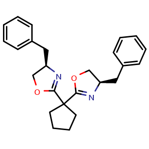 Chemical structure of (4R,4'R)-2,2'-Cyclopentylidenebis[4,5-dihydro-4-(phenylmethyl)oxazole] , CAS 2005443-99-0, AChemBlock W159474