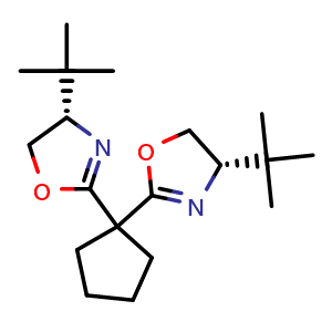 Chemical structure of (4S,4'S)-2,2'-Cyclopentylidenebis[4-tert-butyl-4,5-dihydrooxazole] , CAS 298693-03-5, AChemBlock W159475