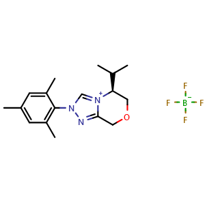 Chemical structure of (5S)-5,6-Dihydro-5-(1-methylethyl)-2-(2,4,6-trimethylphenyl)-8H-1,2,4-triazolo[3,4-c][1,4]oxazinium tetrafluoroborate , CAS 1631733-83-9, AChemBlock W159479