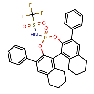 Chemical structure of 1,1,1-Trifluoro-N-[(11bR)-8,9,10,11,12,13,14,15-octahydro-4-oxido-2,6-diphenyldinaphtho[2,1-d:1',2'-f][1,3,2]dioxaphosphepin-4-yl]methanesulfonamide , CAS 1261302-62-8, AChemBlock W159699