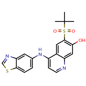 Chemical structure of 4-(Benzo[d]thiazol-5-ylamino)-6-(tert-butylsulfonyl)quinolin-7-ol , CAS 2027561-86-8, AChemBlock W159719