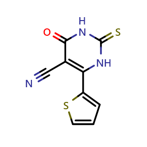 Chemical structure of 4-Oxo-6-(thiophen-2-yl)-2-thioxo-1,2,3,4-tetrahydropyrimidine-5-carbonitrile , CAS 109532-65-2, AChemBlock W159764