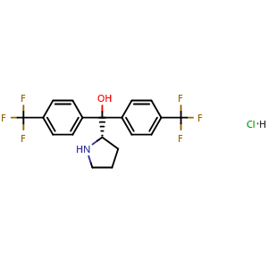 Chemical structure of (S)-Pyrrolidin-2-ylbis(4-(trifluoromethyl)phenyl)methanol hydrochloride , CAS 131180-54-6, AChemBlock W159835