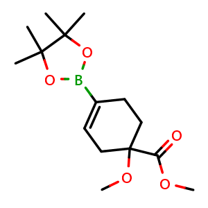 Chemical structure of Methyl 1-methoxy-4-(4,4,5,5-tetramethyl-1,3,2-dioxaborolan-2-yl)cyclohex-3-enecarboxylate , CAS 2415763-40-3, AChemBlock W159850