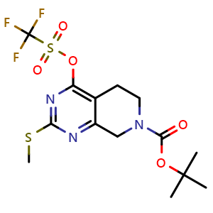 Chemical structure of tert-Butyl 2-(methylthio)-4-(((trifluoromethyl)sulfonyl)oxy)-5,8-dihydropyrido[3,4-d]pyrimidine-7(6H)-carboxylate , CAS 338739-82-5, AChemBlock W159879