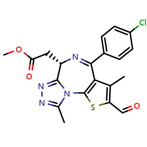 Chemical structure of Methyl (S)-2-(4-(4-chlorophenyl)-2-formyl-3,9-dimethyl-6H-thieno[3,2-f][1,2,4]triazolo[4,3-a][1,4]diazepin-6-yl)acetate , CAS 916493-81-7, AChemBlock W159929