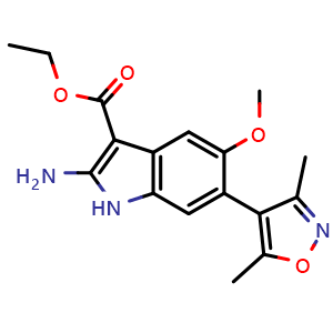 Chemical structure of Ethyl 2-amino-6-(3,5-dimethylisoxazol-4-yl)-5-methoxy-1H-indole-3-carboxylate , CAS 1627721-54-3, AChemBlock W160113
