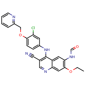 Chemical structure of N-[4-[[3-Chloro-4-(2-pyridinylmethoxy)phenyl]amino]-3-cyano-7-ethoxy-6-quinolinyl]formamide , CAS 1144516-20-0, AChemBlock W160204