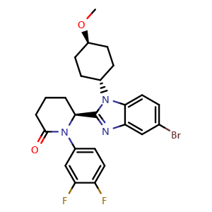Chemical structure of (S)-6-(5-Bromo-1-((1r,4S)-4-methoxycyclohexyl)-1H-benzo[d]imidazol-2-yl)-1-(3,4-difluorophenyl)piperidin-2-one , CAS 2222964-03-4, AChemBlock W160289