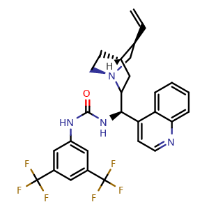 Chemical structure of 1-(3,5-bis(trifluoromethyl)phenyl)-3-((1R)-quinolin-4-yl((1S,4S,5R)-5-vinylquinuclidin-2-yl)methyl)urea , CAS 945985-98-8, AChemBlock W160314