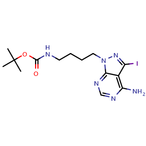 Chemical structure of tert-Butyl (4-(4-amino-3-iodo-1H-pyrazolo[3,4-d]pyrimidin-1-yl)butyl)carbamate , CAS 1887095-79-5, AChemBlock W160406