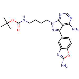 Chemical structure of tert-Butyl (4-(4-amino-3-(2-aminobenzo[d]oxazol-5-yl)-1H-pyrazolo[3,4-d]pyrimidin-1-yl)butyl)carbamate , CAS 1887095-80-8, AChemBlock W160407