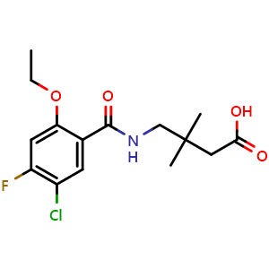 Chemical structure of 4-(5-Chloro-2-ethoxy-4-fluorobenzamido)-3,3-dimethylbutanoic acid , CAS 1805818-57-8, AChemBlock W160446