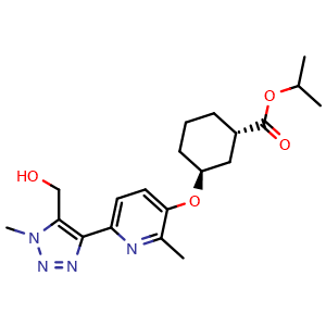 Chemical structure of Isopropyl (1S,3S)-3-((6-(5-(hydroxymethyl)-1-methyl-1H-1,2,3-triazol-4-yl)-2-methylpyridin-3-yl)oxy)cyclohexane-1-carboxylate , CAS 2170129-07-2, AChemBlock W160471