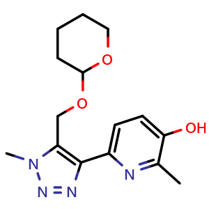 Chemical structure of 2-Methyl-6-(1-methyl-5-(((tetrahydro-2H-pyran-2-yl)oxy)methyl)-1H-1,2,3-triazol-4-yl)pyridin-3-ol , CAS 2170129-05-0, AChemBlock W160529