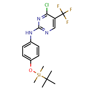 Chemical structure of N-(4-((tert-Butyldimethylsilyl)oxy)phenyl)-4-chloro-5-(trifluoromethyl)pyrimidin-2-amine , CAS 2296722-70-6, AChemBlock W160538