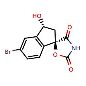 Chemical structure of (1R,3R)-5-Bromo-3-hydroxy-2,3-dihydrospiro[indene-1,5'-oxazolidine]-2',4'-dione , CAS 1889291-54-6, AChemBlock W160557