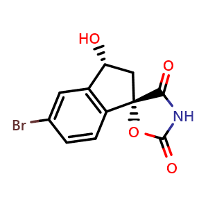 Chemical structure of (1S,3R)-5-Bromo-3-hydroxy-2,3-dihydrospiro[indene-1,5'-oxazolidine]-2',4'-dione , CAS 1889291-47-7, AChemBlock W160558