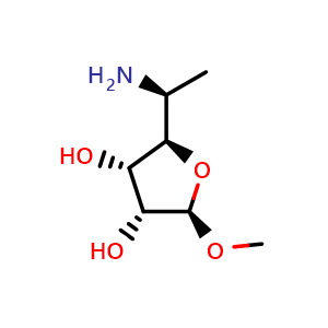 Chemical structure of (2R,3S,4R,5R)-2-((S)-1-Aminoethyl)-5-methoxytetrahydrofuran-3,4-diol , CAS 2244622-23-7, AChemBlock W160564