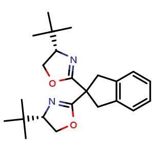 Chemical structure of (4S,4'S)-2,2'-(1,3-Dihydro-2H-inden-2-ylidene)bis[4,5-dihydro-4-tert-butyloxazole] , CAS 2757082-06-5, AChemBlock W160579