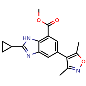 Chemical structure of Methyl 2-cyclopropyl-5-(3,5-dimethylisoxazol-4-yl)-1H-benzo[d]imidazole-7-carboxylate , CAS 1637771-11-9, AChemBlock W160624
