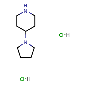 Chemical structure of 4-pyrrolidin-1-ylpiperidine, dihydrochloride , CAS 4983-39-5, AChemBlock W160686