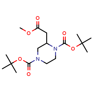 Chemical structure of ditert-butyl 2-(2-methoxy-2-oxo-ethyl)piperazine-1,4-dicarboxylate , CAS 368441-99-0, AChemBlock W161681