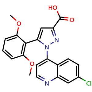 Chemical structure of 1-(7-Chloroquinolin-4-yl)-5-(2,6-dimethoxyphenyl)-1H-pyrazole-3-carboxylic acid , CAS 1146757-92-7, AChemBlock W161833
