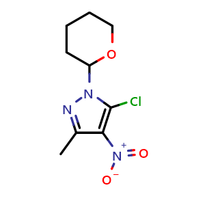 Chemical structure of 5-Chloro-3-methyl-4-nitro-1-(tetrahydro-2H-pyran-2-yl)-1H-pyrazole , CAS 2265200-73-3, AChemBlock W161901