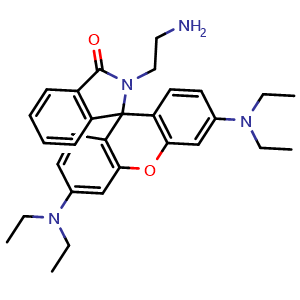 Chemical structure of 2-(2-Aminoethyl)-3',6'-bis(diethylamino)spiro[isoindoline-1,9'-xanthen]-3-one , CAS 950846-89-6, AChemBlock W161951