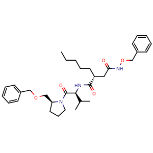 Chemical structure of (R)-N4-(Benzyloxy)-N1-((S)-1-((S)-2-((benzyloxy)methyl)pyrrolidin-1-yl)-3-methyl-1-oxobutan-2-yl)-2-pentylsuccinamide , CAS 460754-33-0, AChemBlock W162000