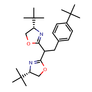 Chemical structure of (4S,4'S)-2,2'-(2-(4-(tert-Butyl)phenyl)ethane-1,1-diyl)bis(4-(tert-butyl)-4,5-dihydrooxazole) , CAS 2634687-80-0, AChemBlock W162001