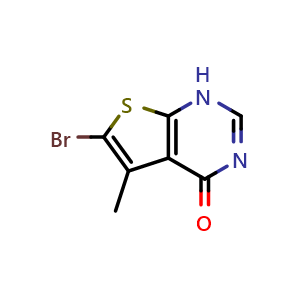 Chemical structure of 6-Bromo-5-methylthieno[2,3-d]pyrimidin-4(1H)-one , CAS 19673-90-6, AChemBlock W162055