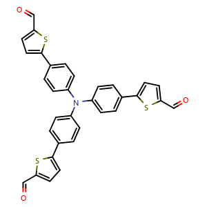 Chemical structure of 5-[4-[4-(5-Formylthiophen-2-yl)-N-[4-(5-formylthiophen-2-yl)phenyl]anilino]phenyl]thiophene-2-carbaldehyde , CAS 883236-47-3, AChemBlock W162074